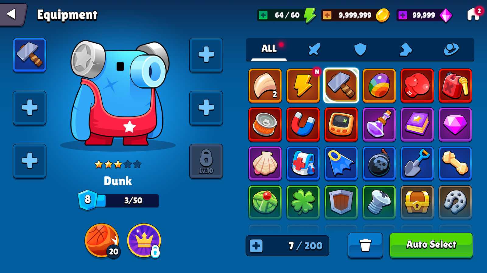 GUI Pro casual game interface design by 내 스토어, featuring equipment icons and layout for game development projects.