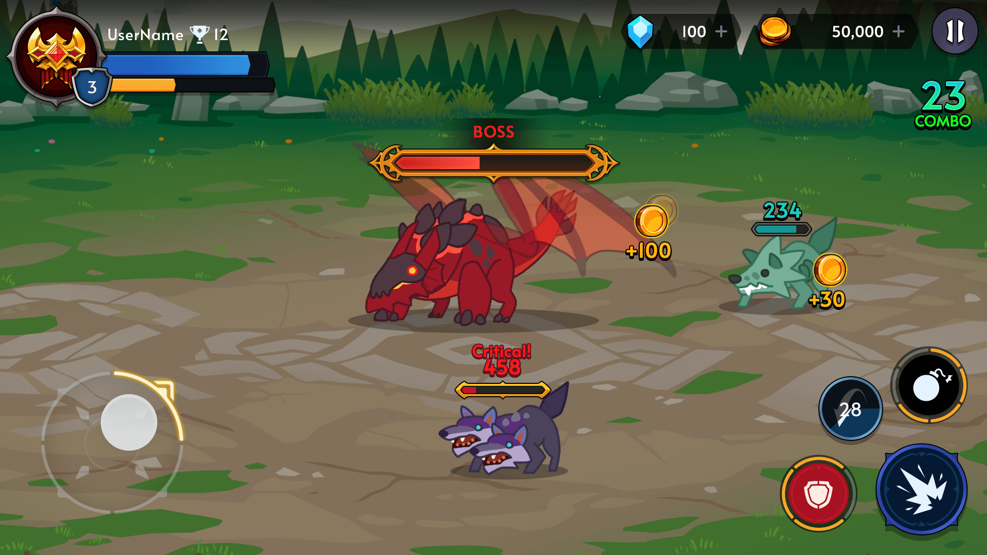 Fantasy RPG mobile game boss battle UI showing red dragon boss, health bar, combo counter, joystick, and skill buttons, Layerlab, store.layerlab