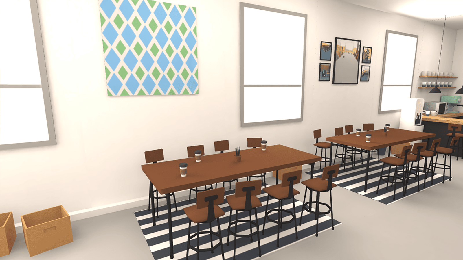 3D office interior props by LAYERLAB Shop showing modern desks, chairs, and office accessories in a professional workspace setting.