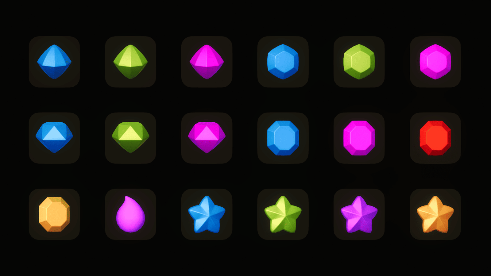 3D game icons from LAYERLAB Shop, featuring colorful, stylized symbols and characters in a vibrant digital design.