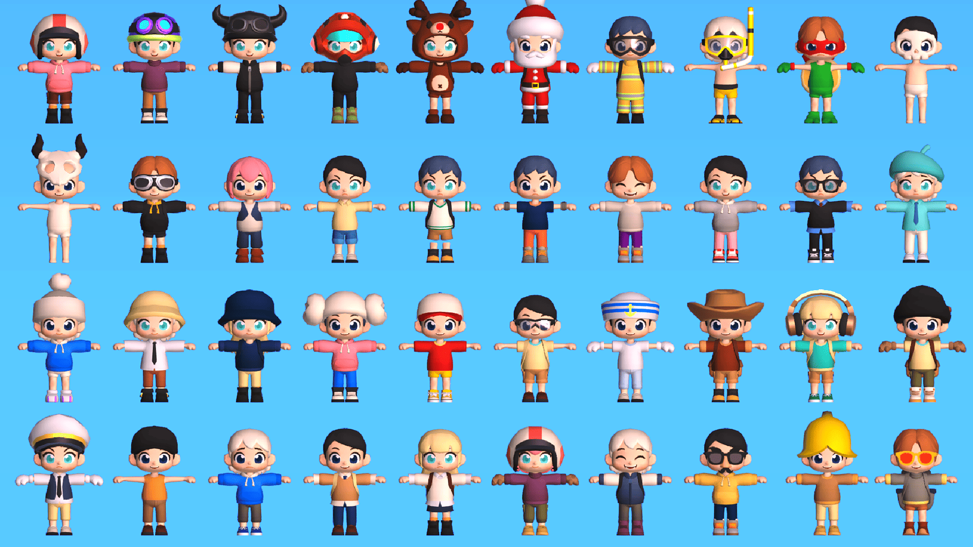 Full-body 3D cartoon kid character collection wearing various casual outfits, hats, glasses, and accessories on blue background, stylized low-poly characters for casual games, Layerlab, store.layerlab