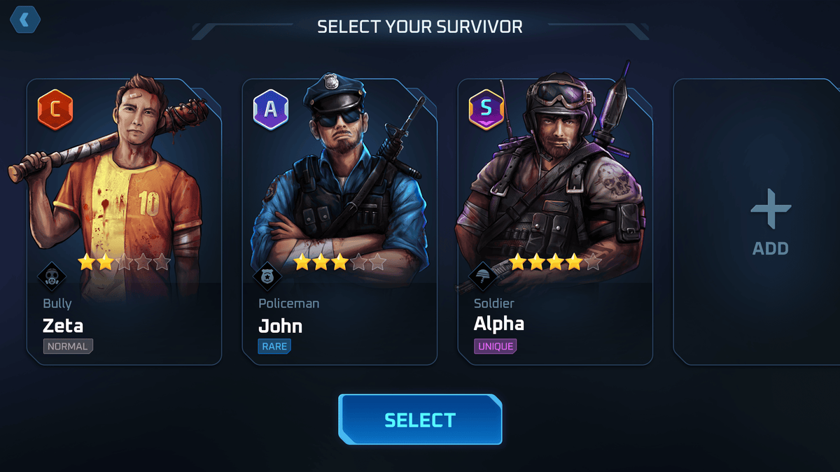 GUI Pro Survival Clean interface by LAYERLAB Shop showing character selection screen with various character icons and options.
