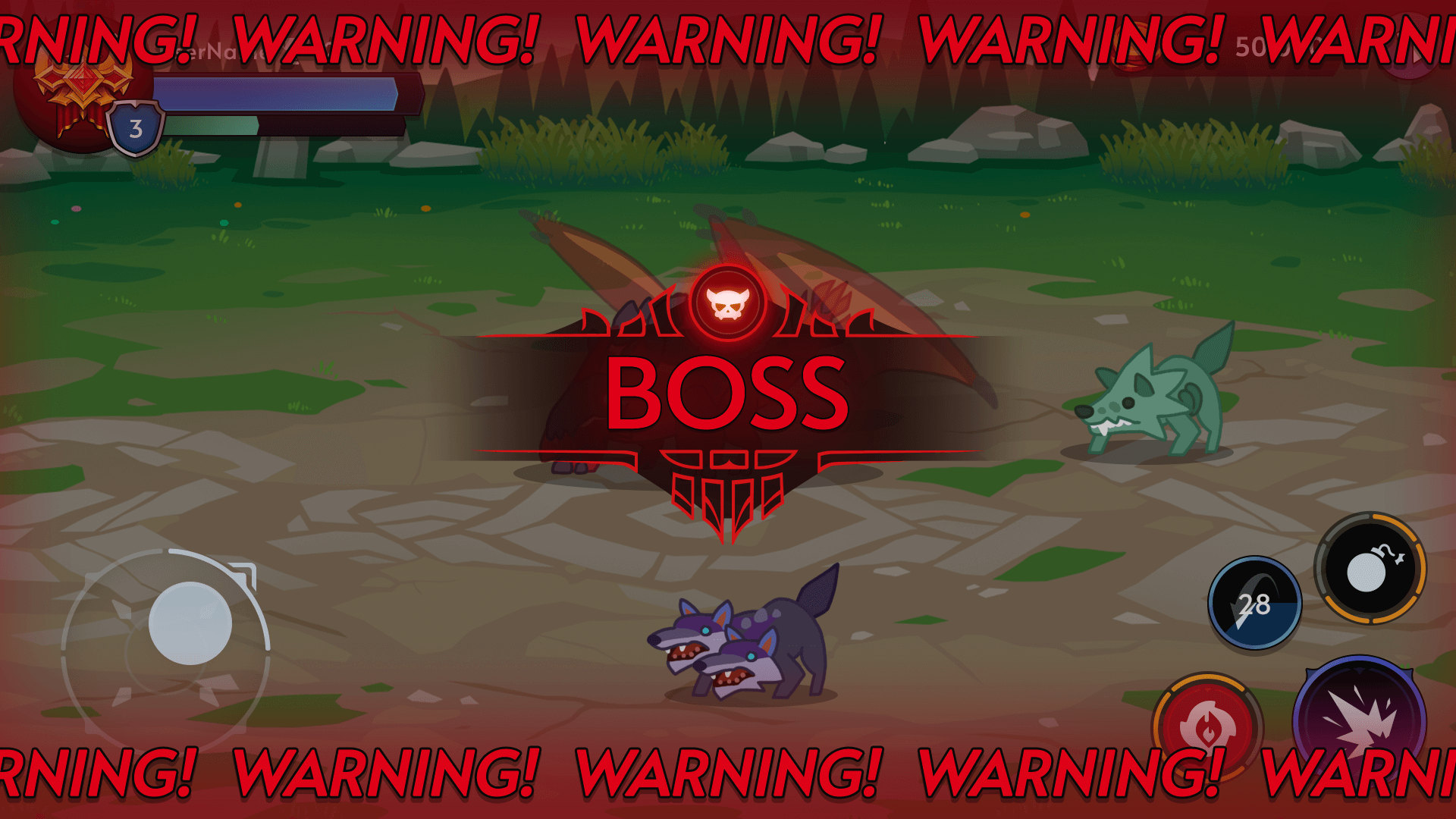 Fantasy RPG mobile game boss warning screen UI with red alert text, central boss banner, joystick, and skill buttons, Layerlab, store.layerlab