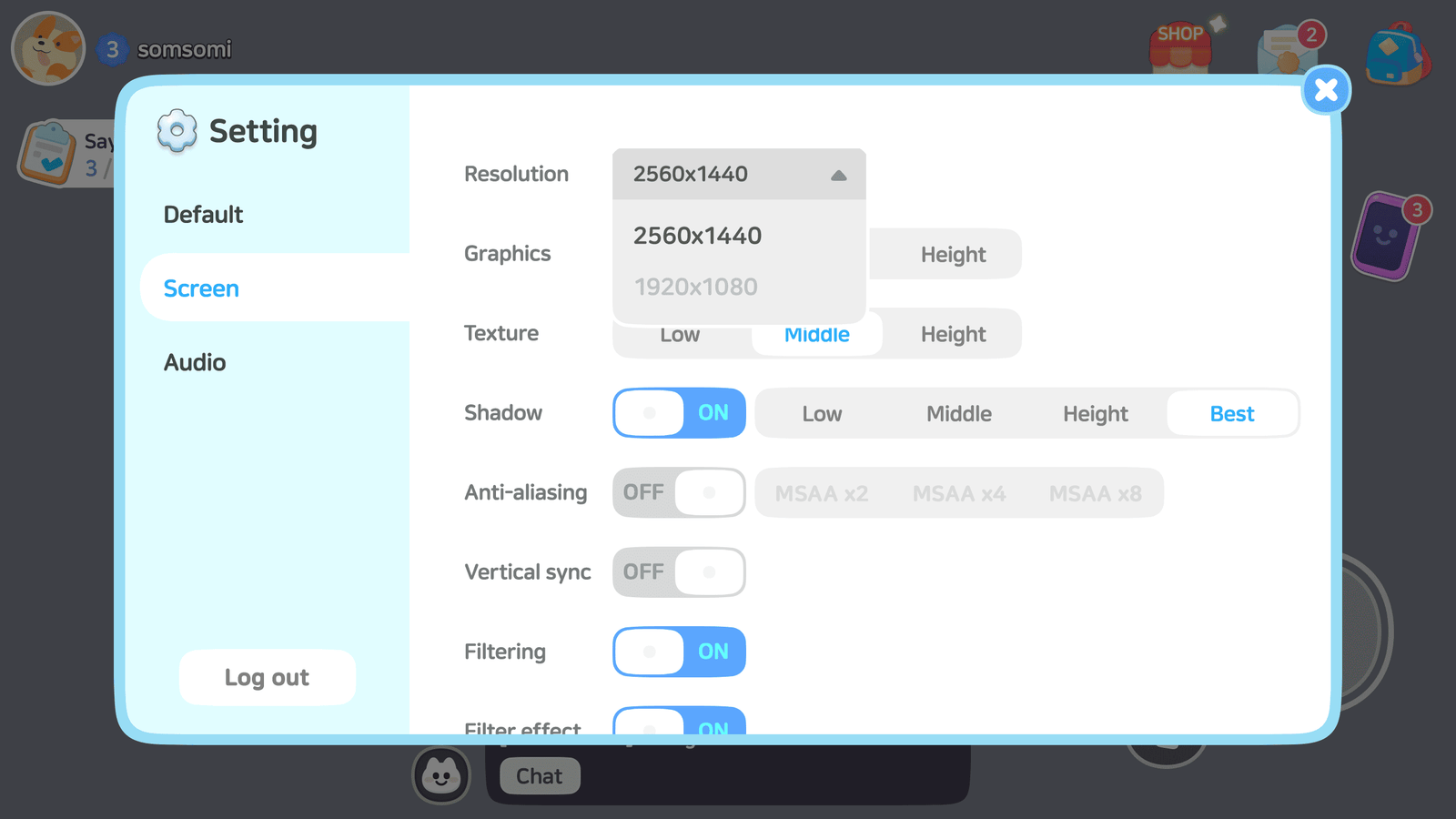 LayerLab Shop GUI Life Game interface screenshot showing settings menu with various adjustment options and colorful design elements.
