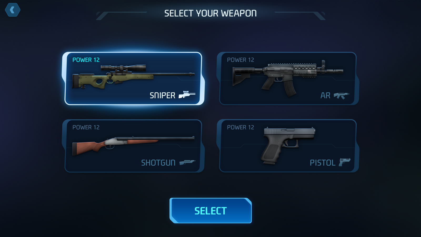 GUI Pro Survival Clean interface with weapon selection screen, featuring various weapon icons and options from LAYERLAB Shop.