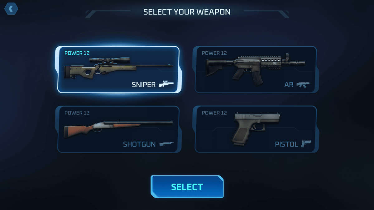 GUI Pro Survival Clean interface with weapon selection screen, featuring various weapon icons and options from LAYERLAB Shop.