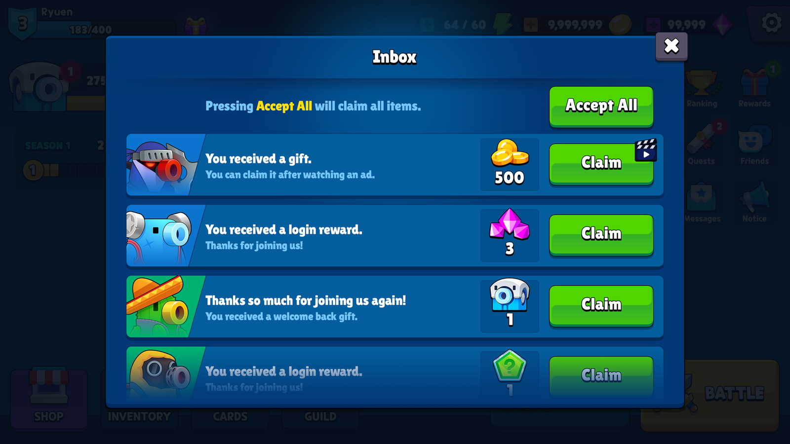 Screenshot of GUI Pro casual game interface showing inbox screen with message icons and user options.