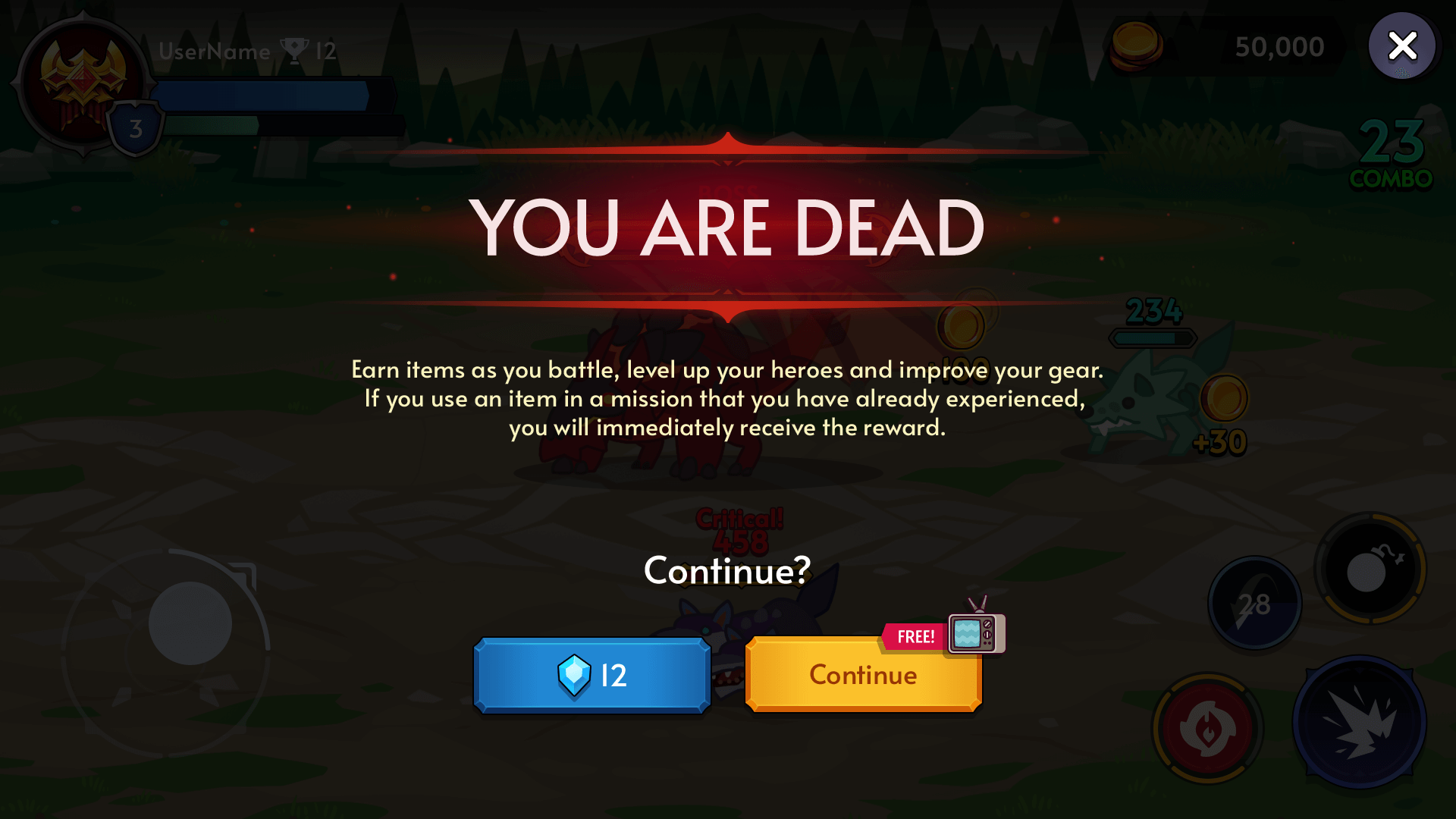 Fantasy RPG mobile game death screen UI showing YOU ARE DEAD message, revival options with gems or ads, and dark battle background, Layerlab, store.layerlab
