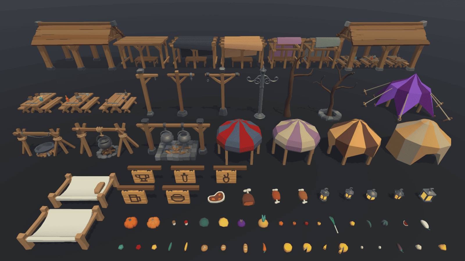 3D medieval props from LAYERLAB Shop, including swords, shields, and armor pieces in detailed 3D design