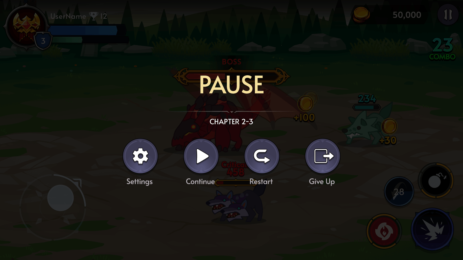 Fantasy RPG mobile game pause screen UI showing chapter information, continue, restart, and give up buttons, Layerlab, store.layerlab