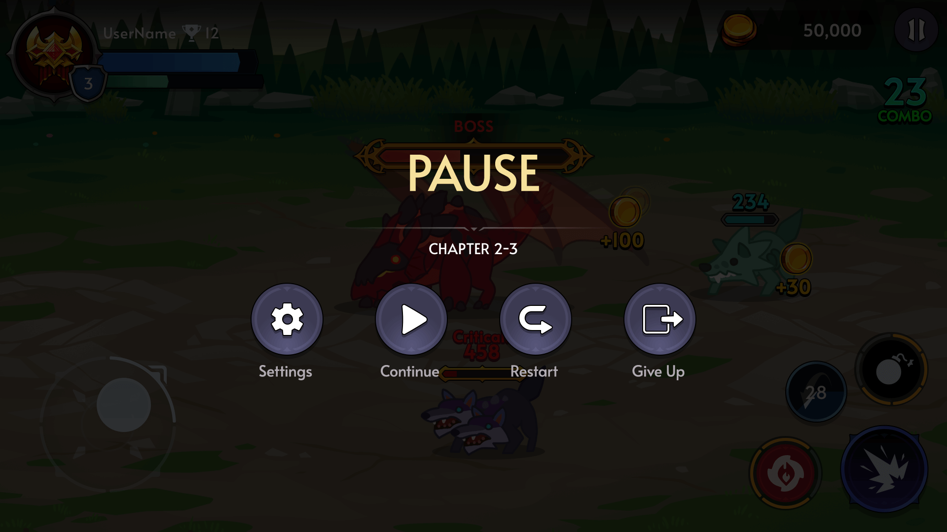 Fantasy RPG mobile game pause screen UI showing chapter information, continue, restart, and give up buttons, Layerlab, store.layerlab