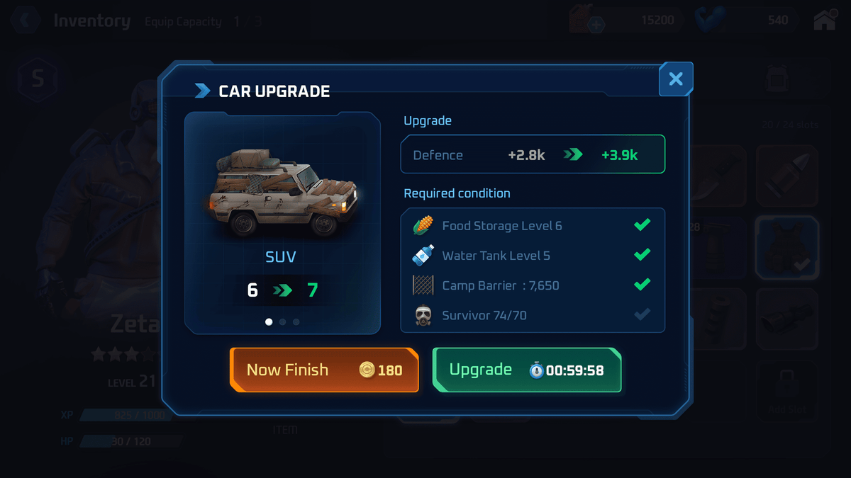 Interface screenshot of GUI Pro Survival Clean+PSD by LAYERLAB Shop, featuring upgrade options for vehicle design and customization.