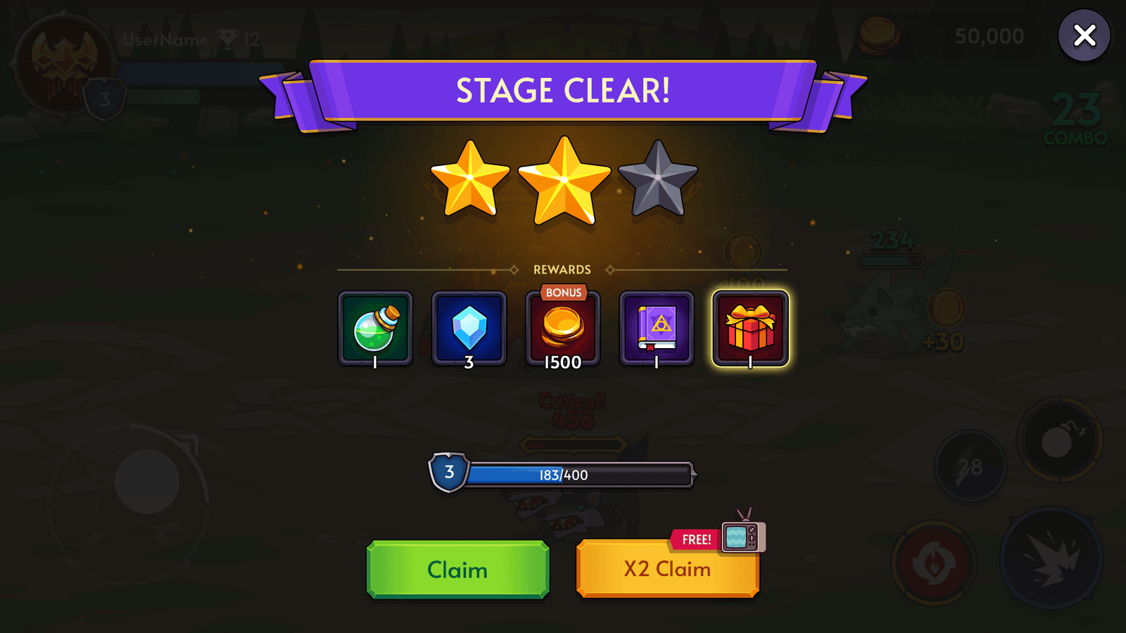 Fantasy RPG mobile game stage clear result UI showing 3-star rating, reward icons, bonus coins, and claim buttons, Layerlab, store.layerlab