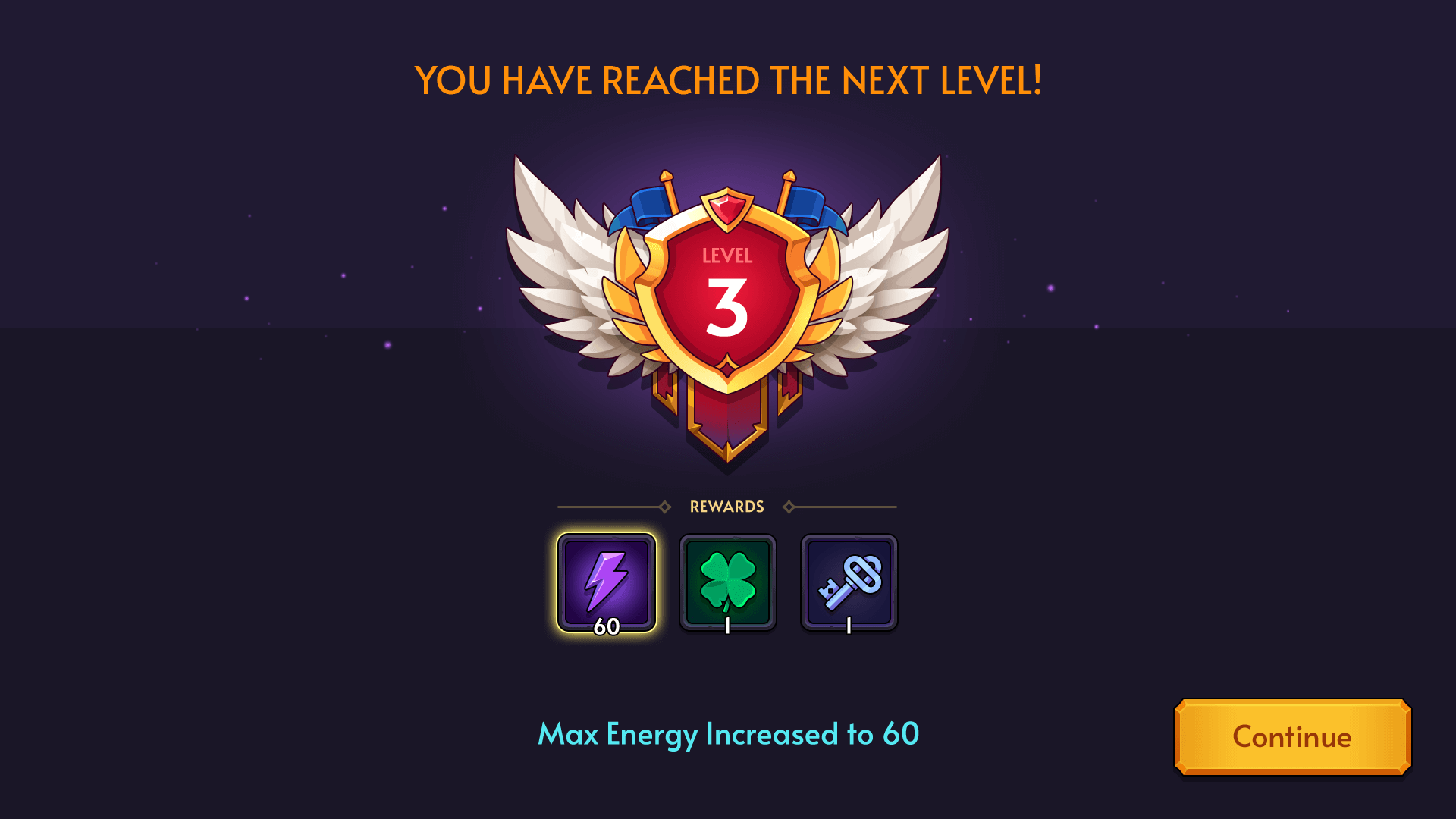 Fantasy RPG mobile game level up screen UI showing large badge emblem with level 3, reward icons, and text Max Energy Increased to 60, Layerlab, store.layerlab