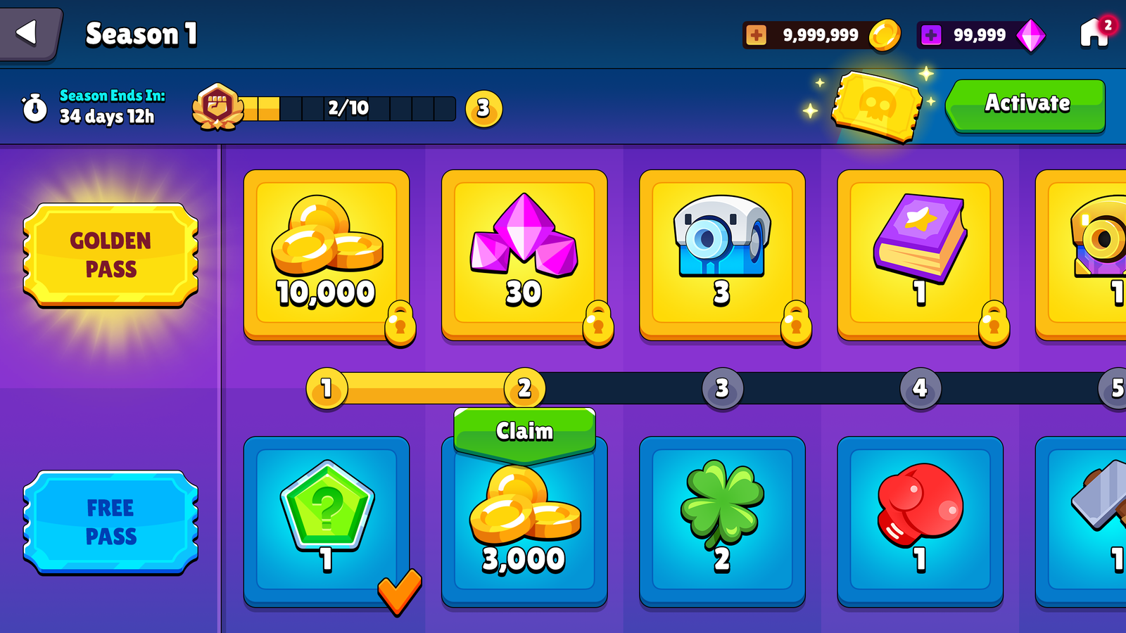 Screenshot of GUI Pro casual game interface with pass screen, designed by 내 스토어, showing game pass options and interface elements.