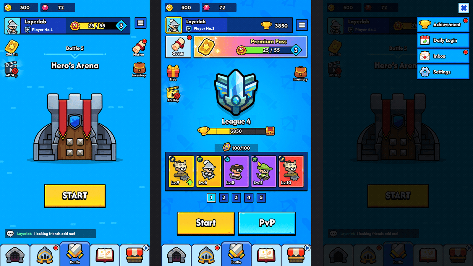 Minimal blue game interface design by LAYERLAB Shop, featuring clean layout and customizable PSD files for game UI development.