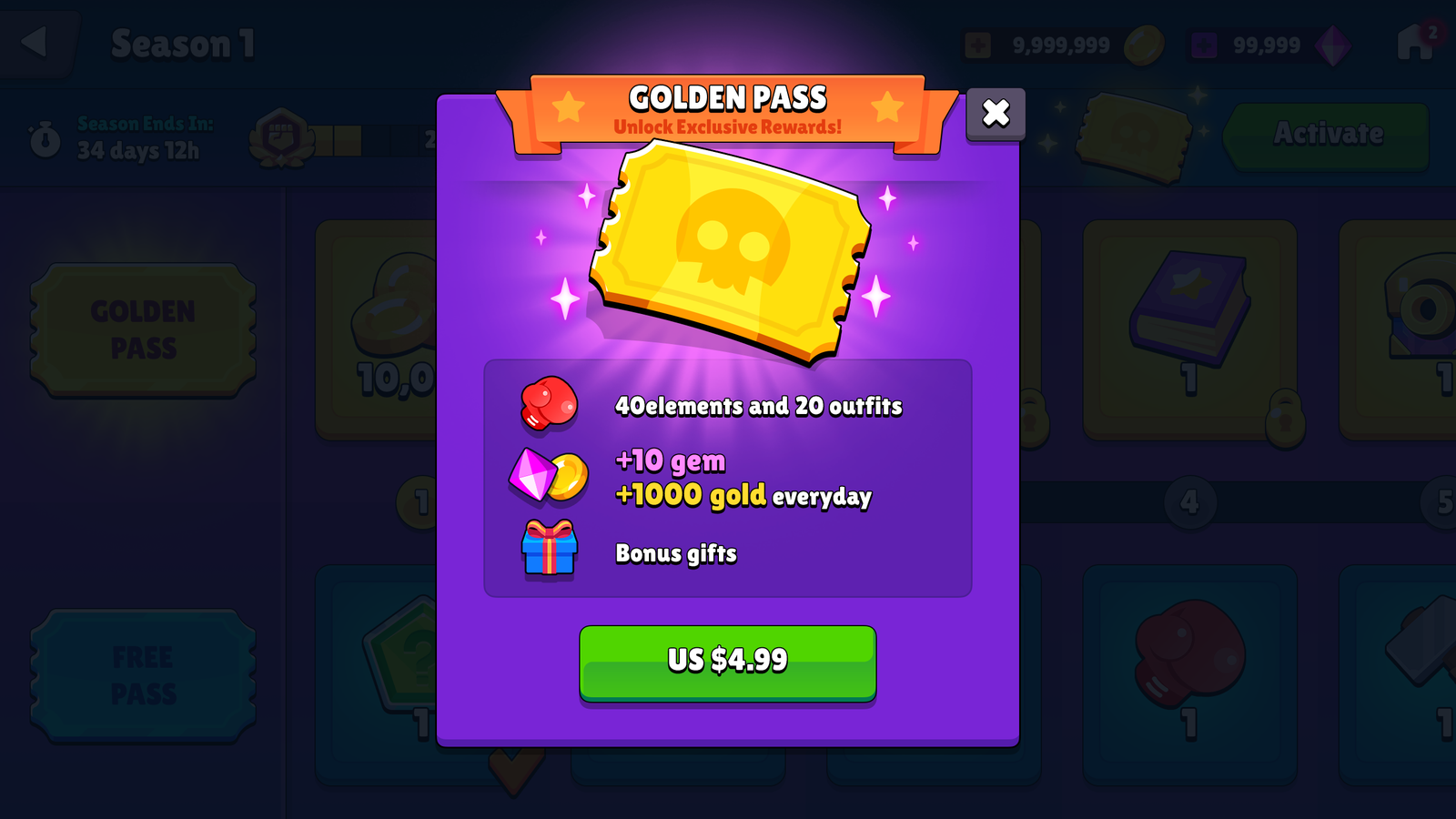 GUI Pro casual game interface by 내 스토어, featuring a popup pass design with vibrant visuals and user-friendly layout.
