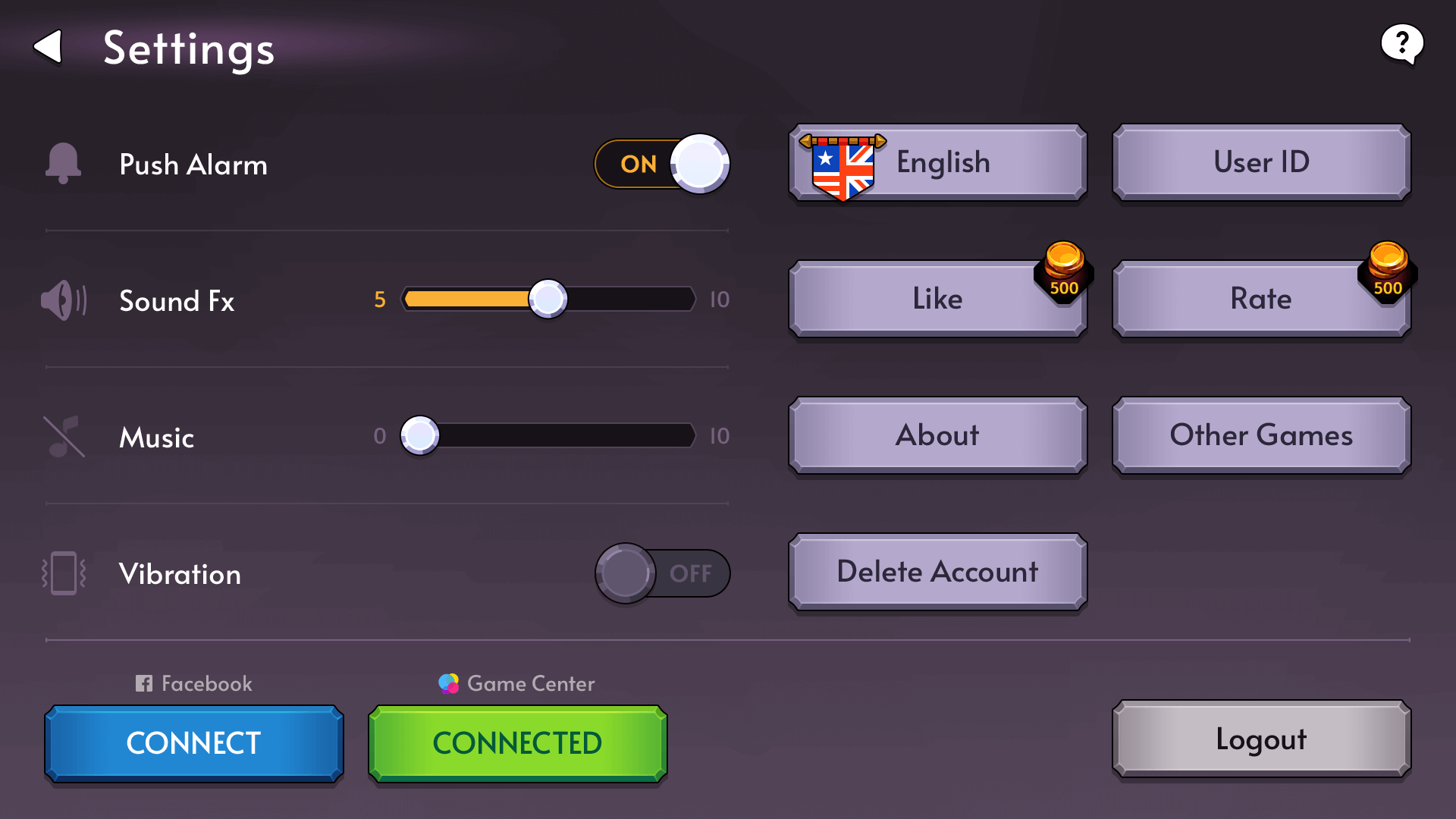Fantasy RPG mobile game settings UI with options for sound, music, vibration, language, account management, and social connections, Layerlab, store.layerlab