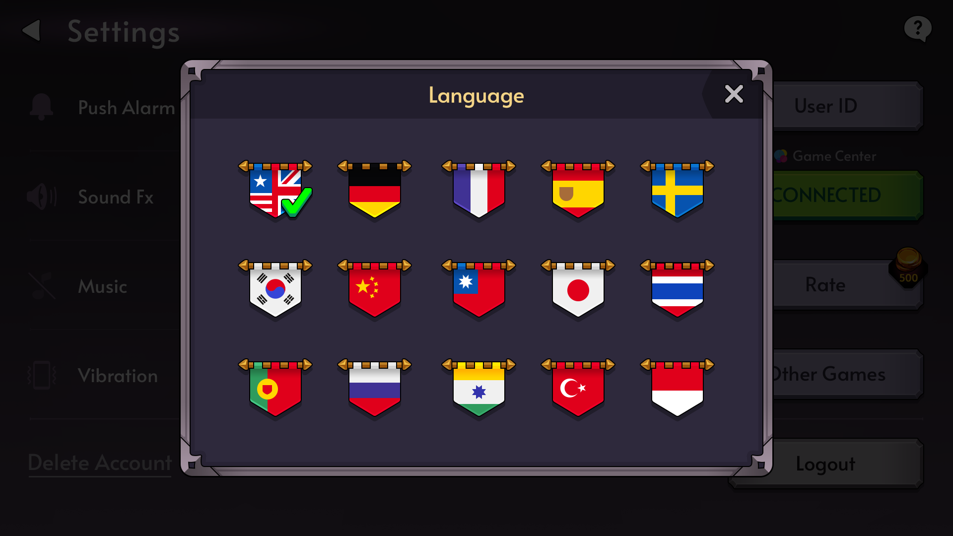 Fantasy RPG mobile game language selection UI with country flags and language options including English, Korean, Japanese, Chinese, and more, Layerlab, store.layerlab