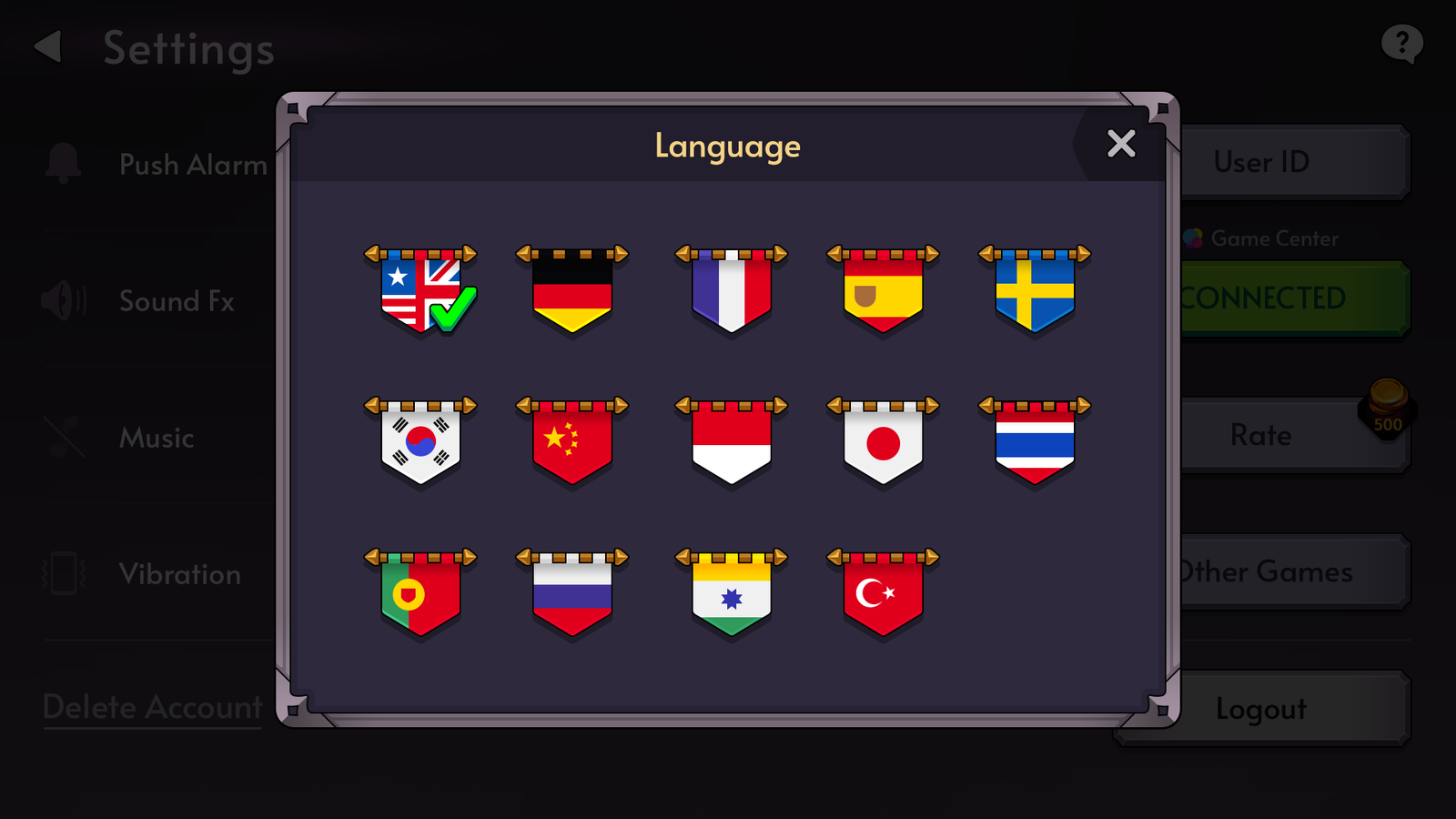 Fantasy RPG mobile game language selection UI with country flags and language options including English, Korean, Japanese, Chinese, and more, Layerlab, store.layerlab
