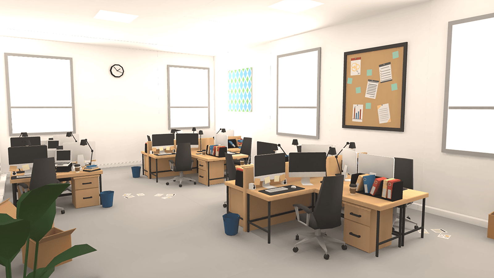 3D office interior props by LAYERLAB Shop, featuring desks, chairs, and office decor in a detailed 3D rendering.