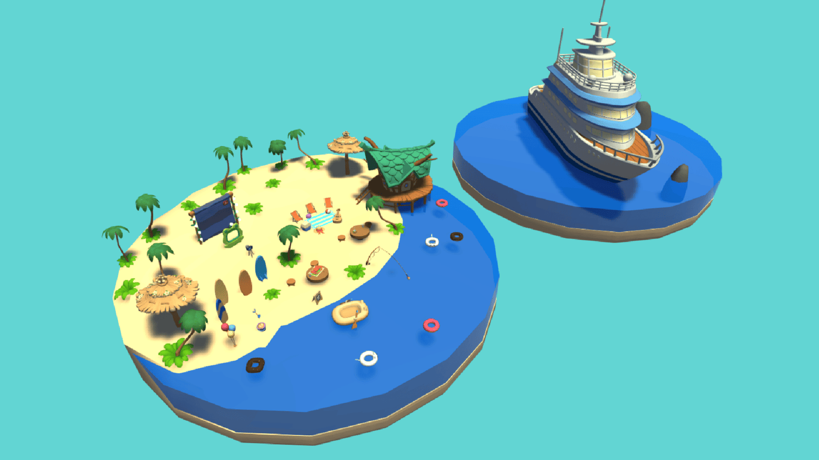 3D casual beach props by LAYERLAB Shop, featuring realistic sand, umbrellas, and beach accessories for digital design projects.