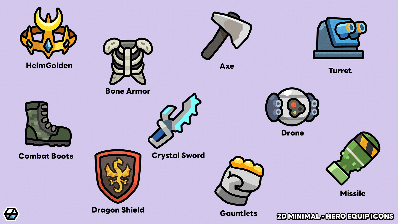 2D Minimal hero equipment icons by LAYERLAB Shop, featuring sleek, modern designs of various game character gear in vibrant colors.