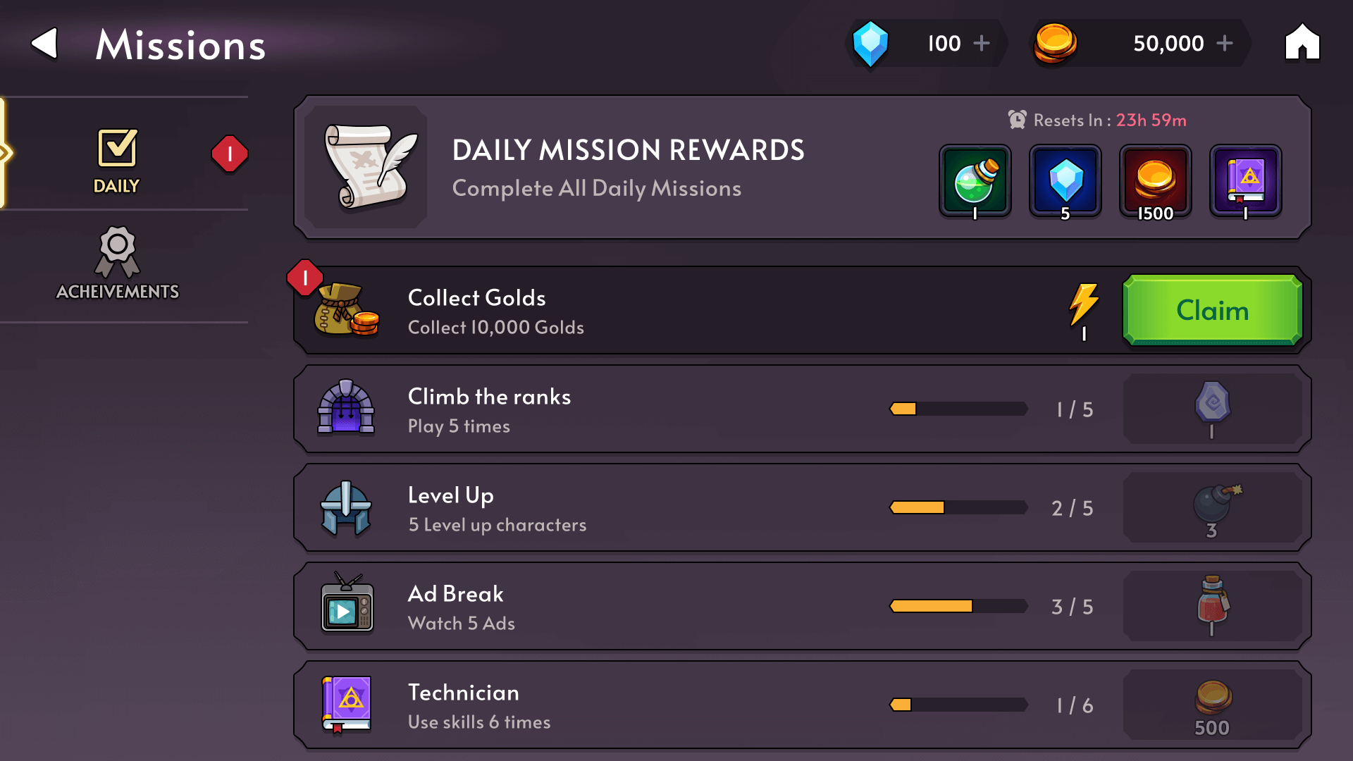 Fantasy RPG mobile game mission and achievement screen UI showing daily mission rewards, progress bars, and claim buttons, Layerlab, store.layerlab