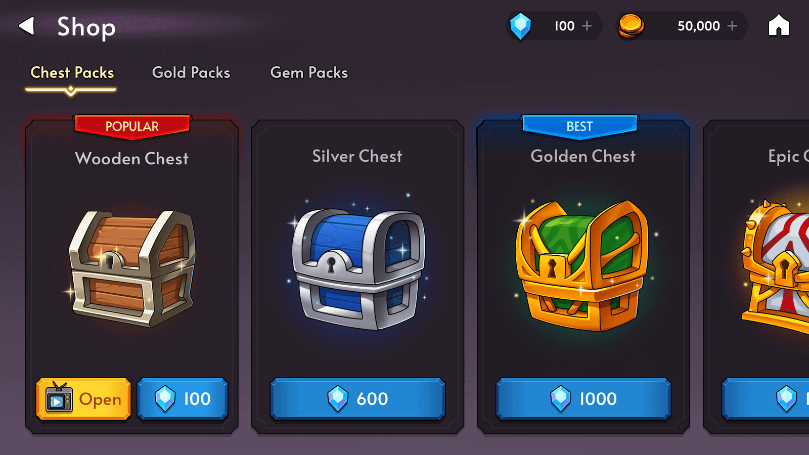 Fantasy RPG mobile game shop UI showing chest packs including wooden, silver, golden, and epic chests, with gem prices and open buttons, Layerlab, store.layerlab