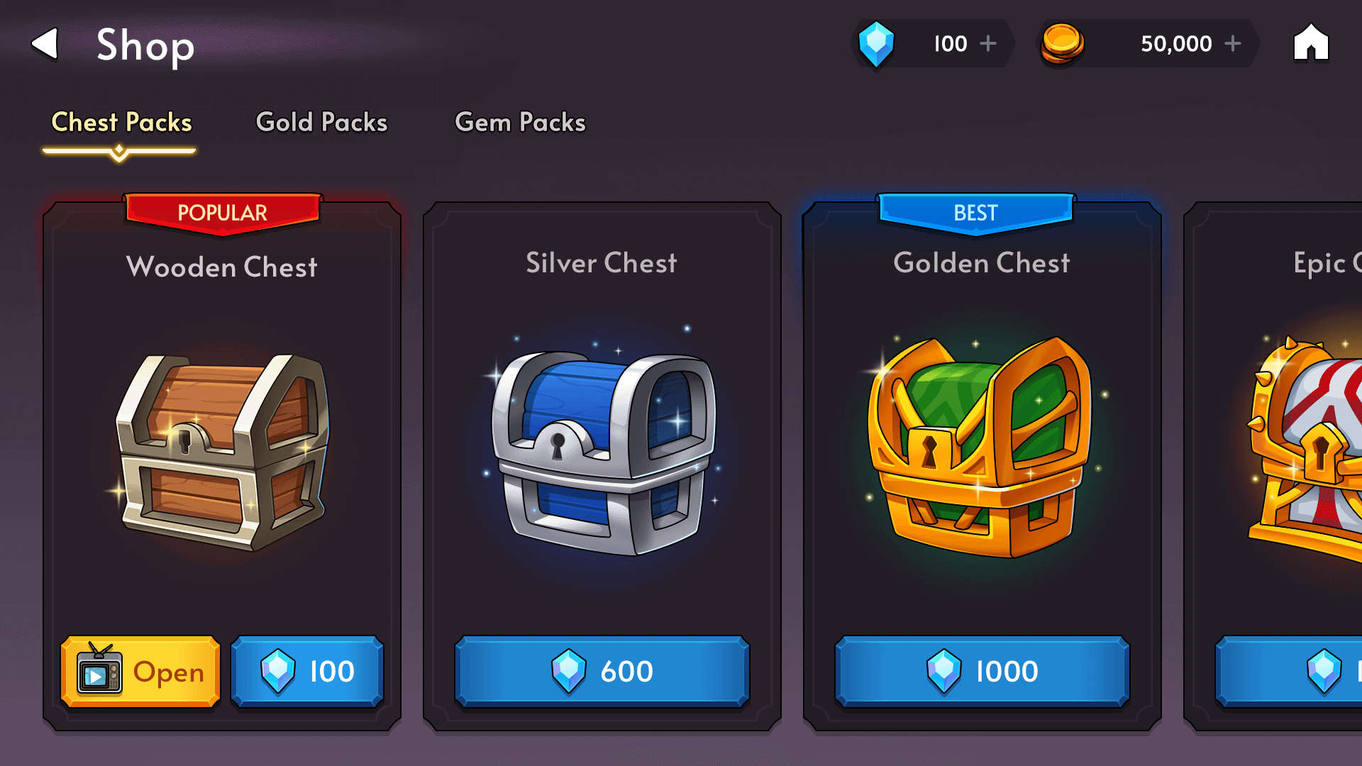 Fantasy RPG mobile game shop UI showing chest packs including wooden, silver, golden, and epic chests, with gem prices and open buttons, Layerlab, store.layerlab