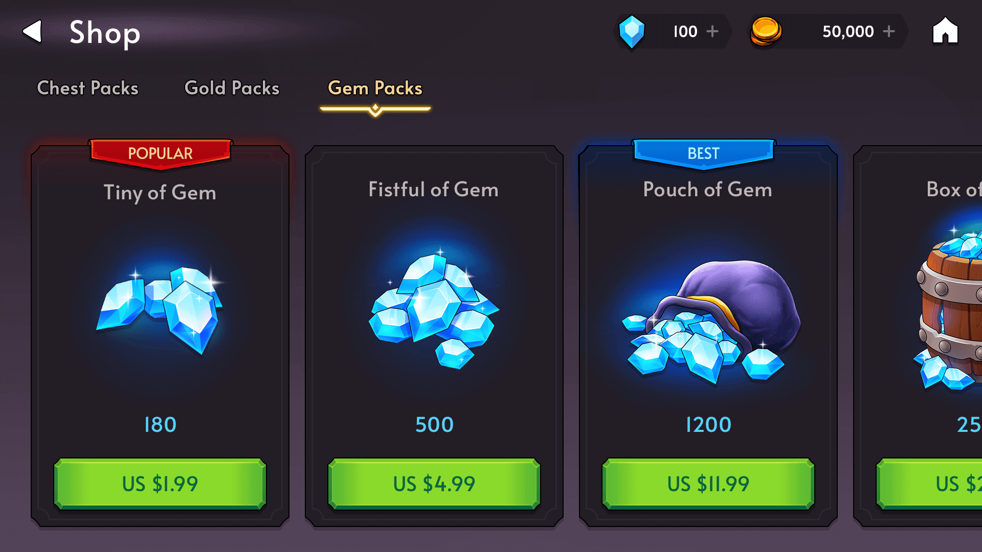 Fantasy RPG mobile game shop UI showing gem packs with crystal piles, prices in USD, and purchase buttons, Layerlab, store.layerlab