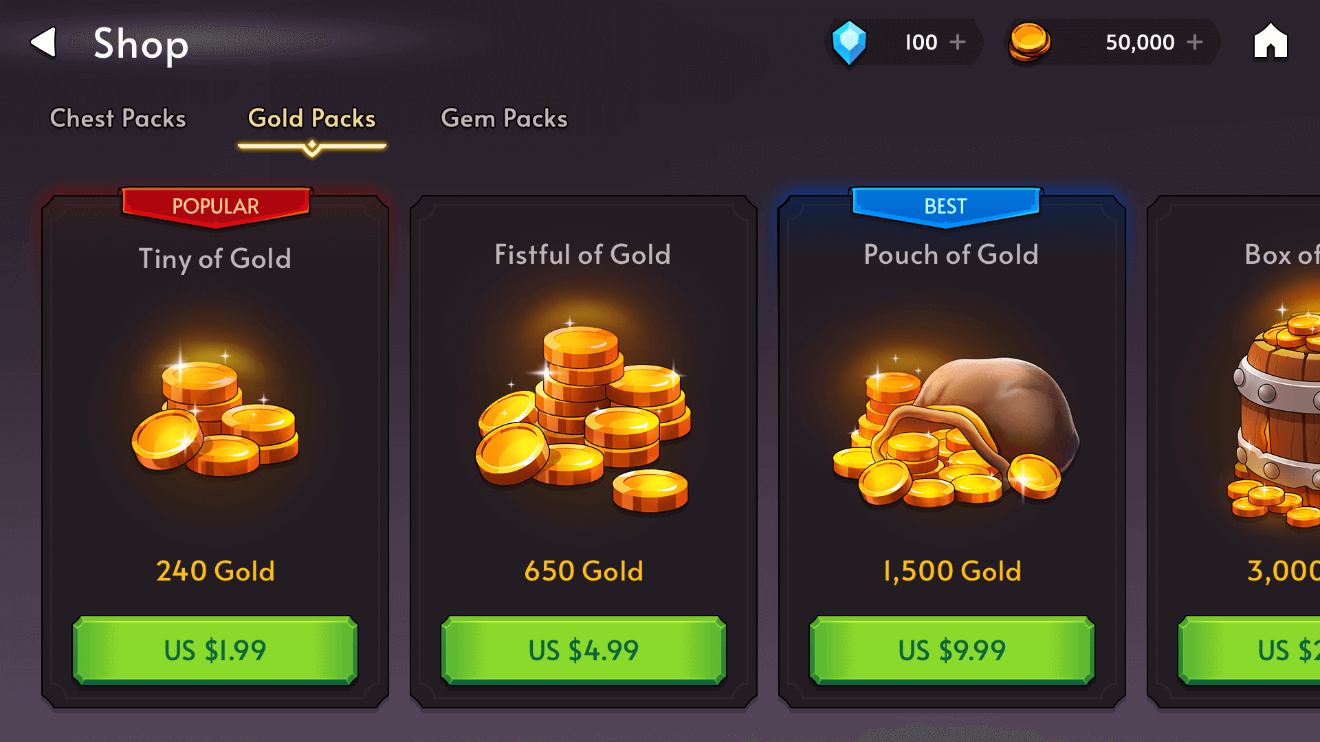 Fantasy RPG mobile game shop UI showing gold packs with coins, pouches, and barrels, including prices in USD, Layerlab, store.layerlab
