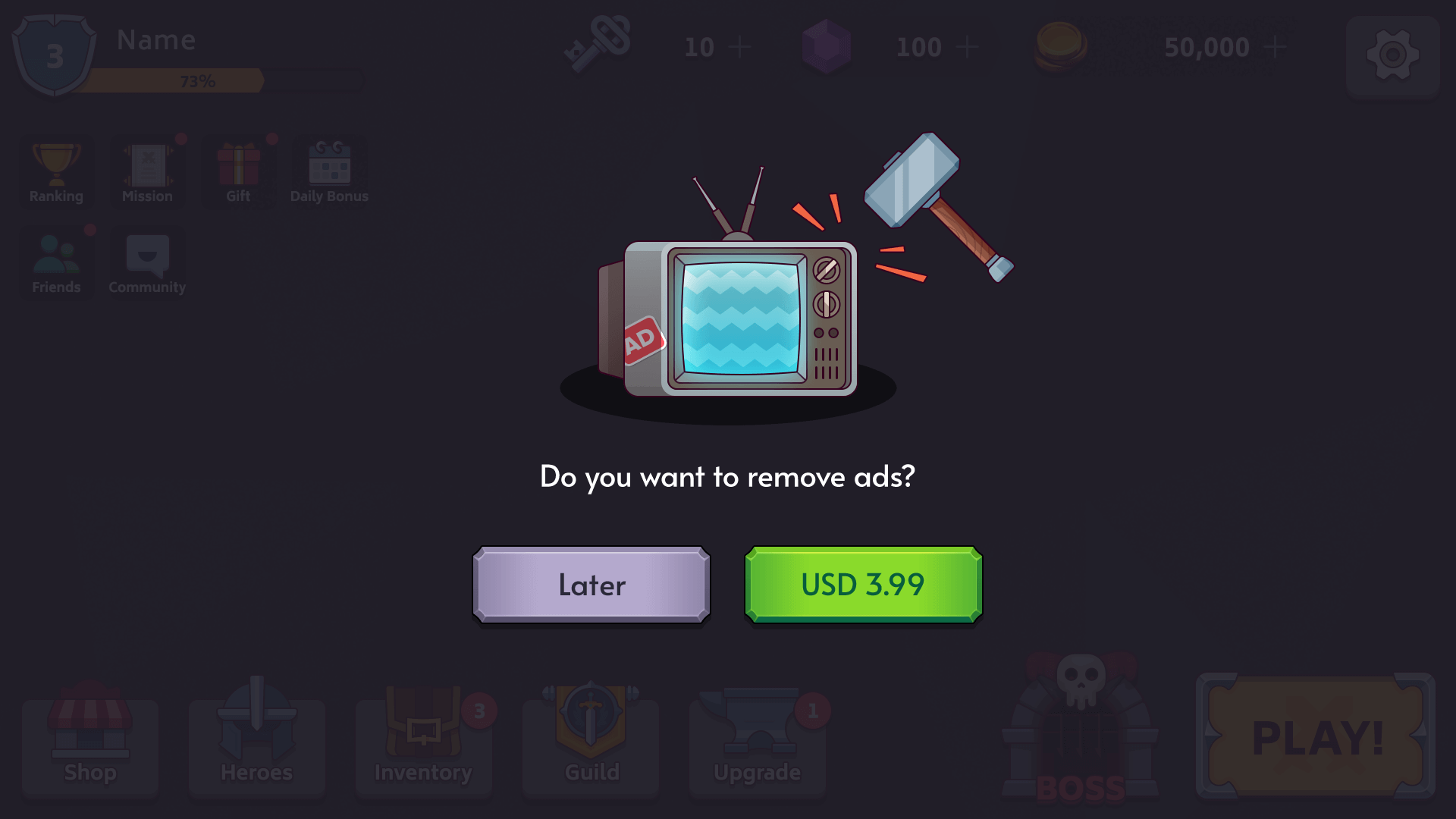 Fantasy RPG mobile game popup UI asking to remove ads with old TV illustration, hammer icon, and purchase button USD 3.99, Layerlab, store.layerlab