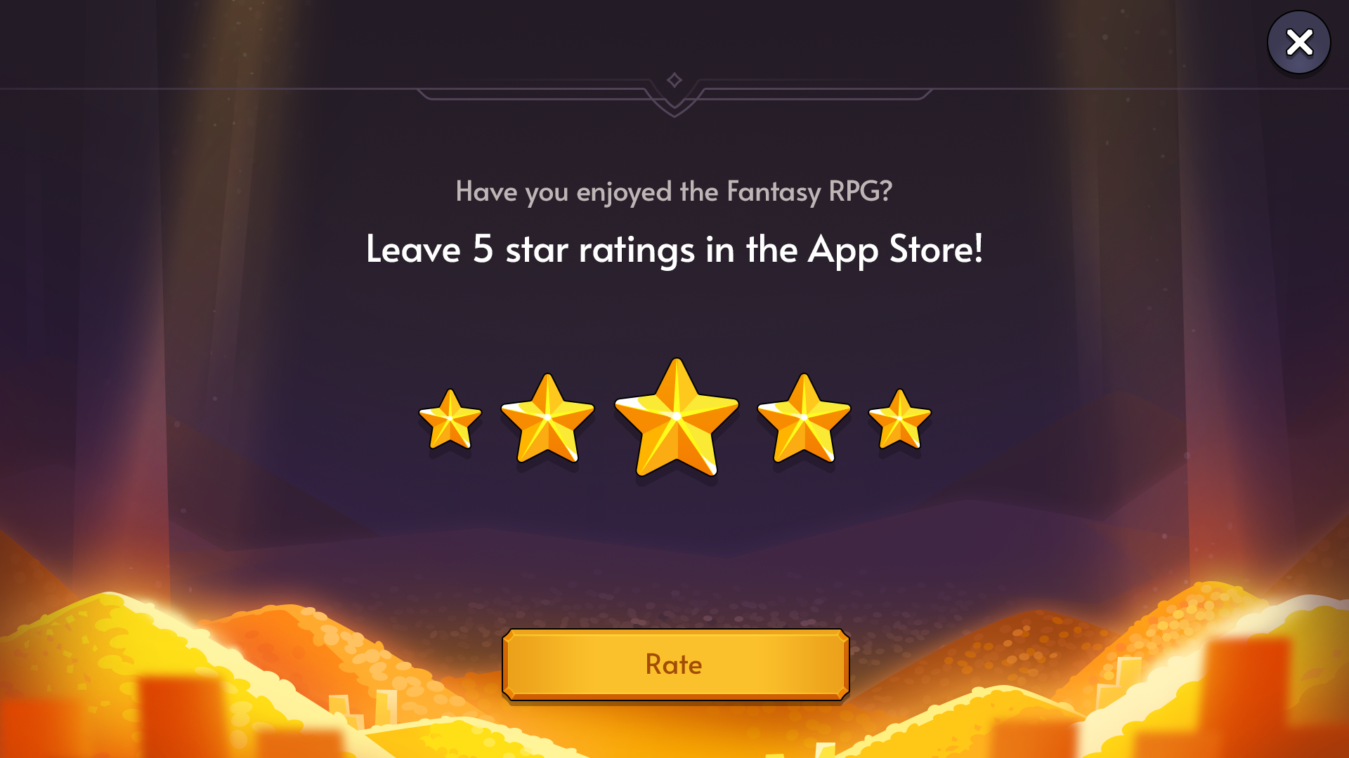 Fantasy RPG mobile game rating popup UI encouraging players to leave 5-star review in the app store, with gold stars and orange background, Layerlab, store.layerlab