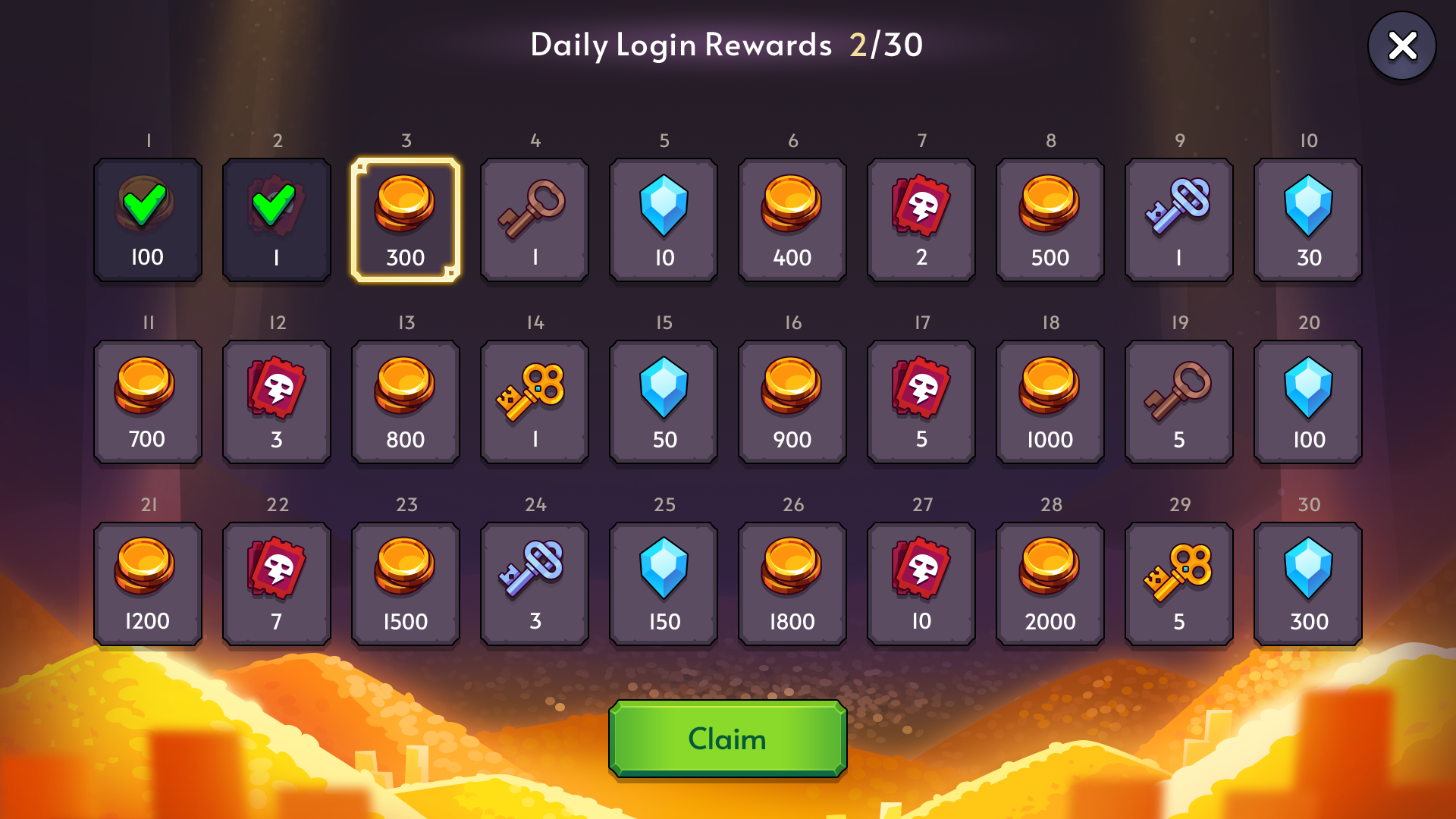 Fantasy RPG mobile game daily login rewards screen UI showing 30-day calendar with gold coins, gems, keys, and tickets, Layerlab, store.layerlab