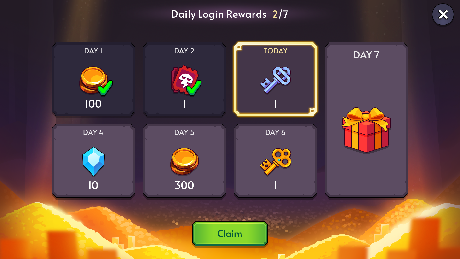 Fantasy RPG mobile game 7-day login rewards screen UI showing gold coins, gems, keys, and gift box for weekly rewards, Layerlab, store.layerlab