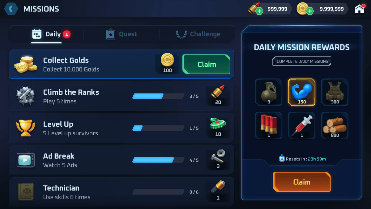 GUI Pro Survival Clean interface by LAYERLAB Shop showing mission screen with tactical graphics and survival-themed elements.