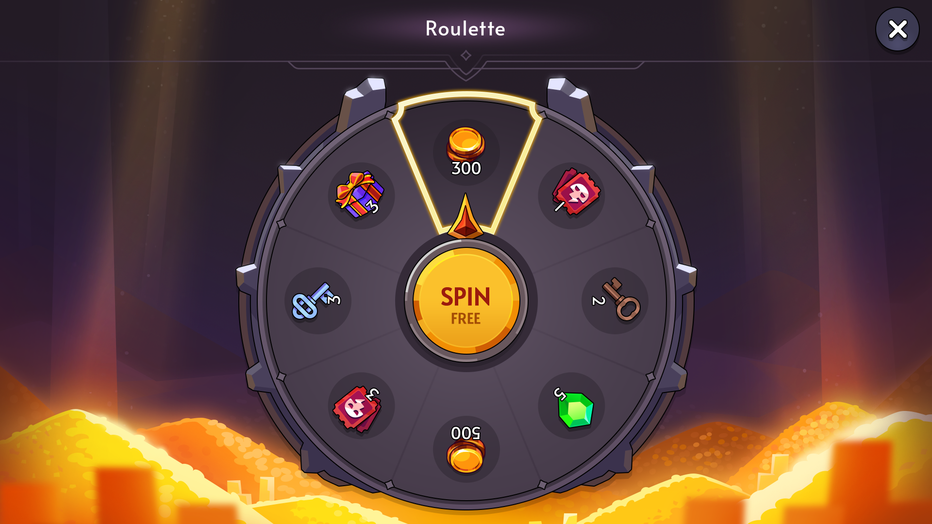 Fantasy RPG mobile game roulette UI screen showing spin wheel with rewards like gold, gems, keys, and tickets, Layerlab, store.layerlab