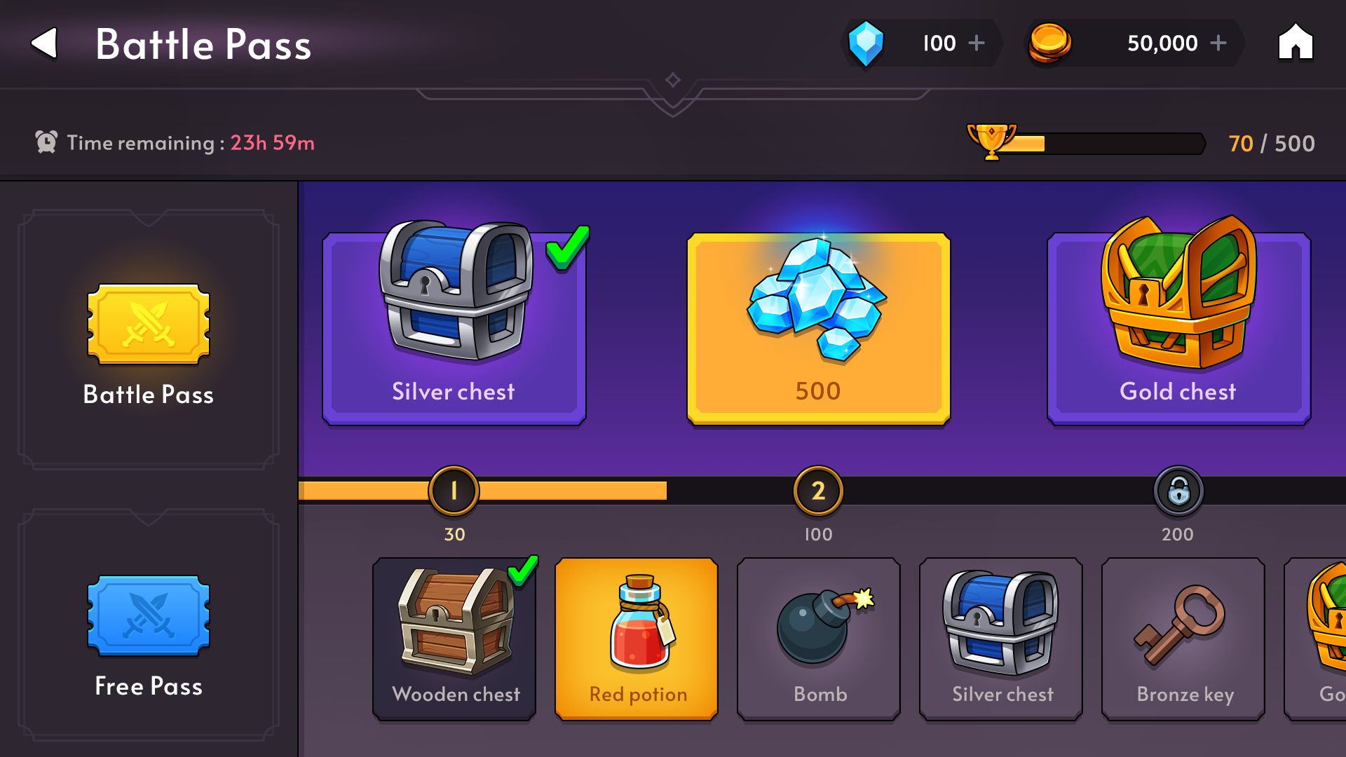 Fantasy RPG mobile game battle pass screen UI showing free and premium rewards like chests, gems, keys, and potions, Layerlab, store.layerlab