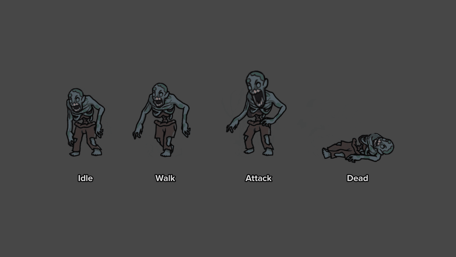 LAYERLAB Shop 2D undead characters illustration featuring spooky, animated zombie and ghost figures on a dark background.