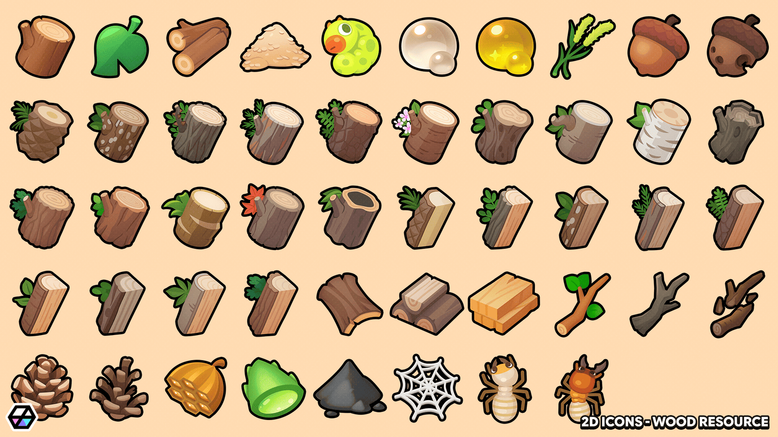 Set of 2D wood resource icons by LAYERLAB Shop, featuring various wood textures and shapes for design projects.