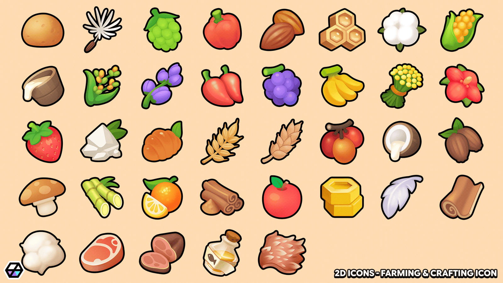 Farming and crafting 2D icons from LAYERLAB Shop, featuring detailed illustrations of tools and crops for gaming or design projects