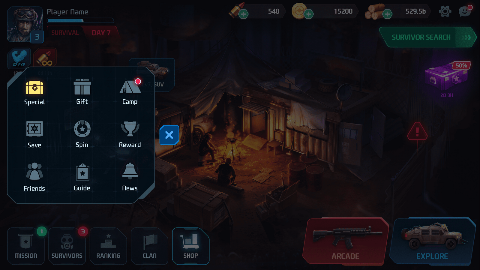 GUI Pro Survival Clean interface menu from LAYERLAB Shop, featuring lobby options and navigation elements in a clean design.