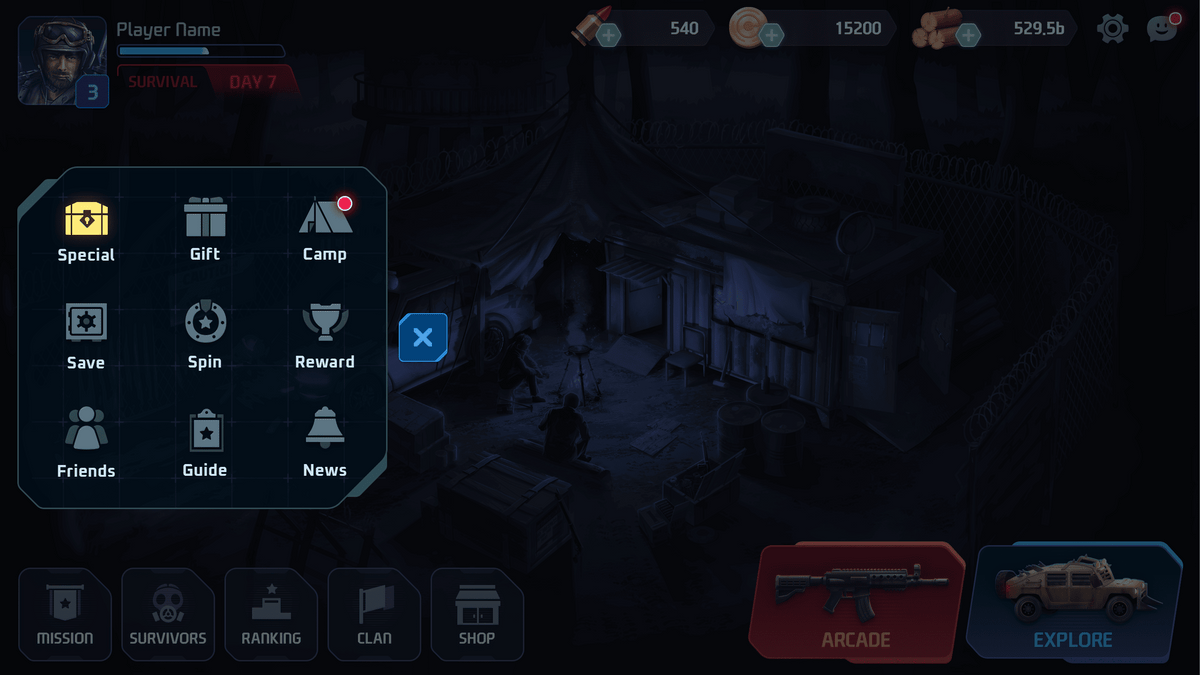 GUI Pro Survival Clean interface menu from LAYERLAB Shop, featuring lobby options and navigation elements in a clean design.