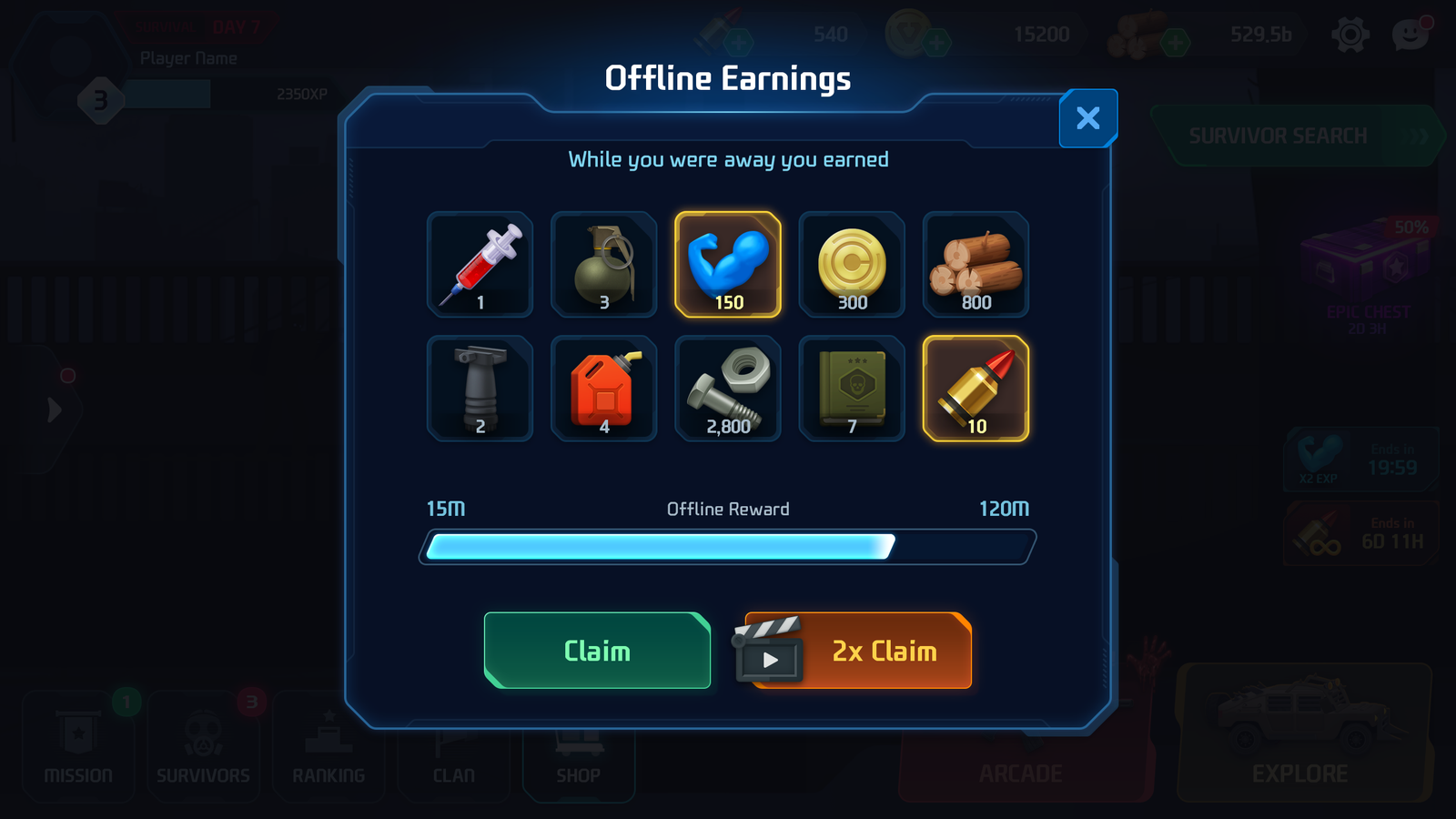 GUI Pro Survival Clean interface by LAYERLAB Shop, featuring offline reward elements in a modern digital design.