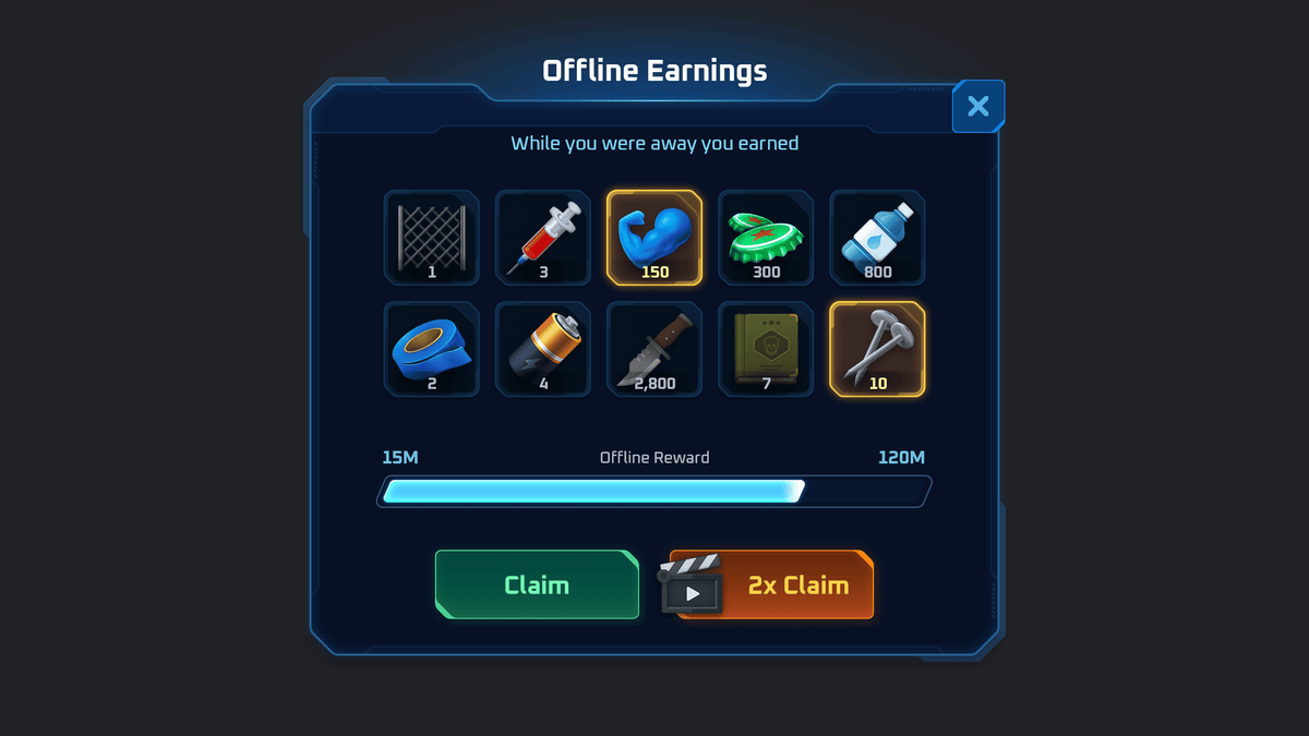 GUI Pro Survival Clean interface by LAYERLAB Shop, featuring offline reward elements in a modern digital design.