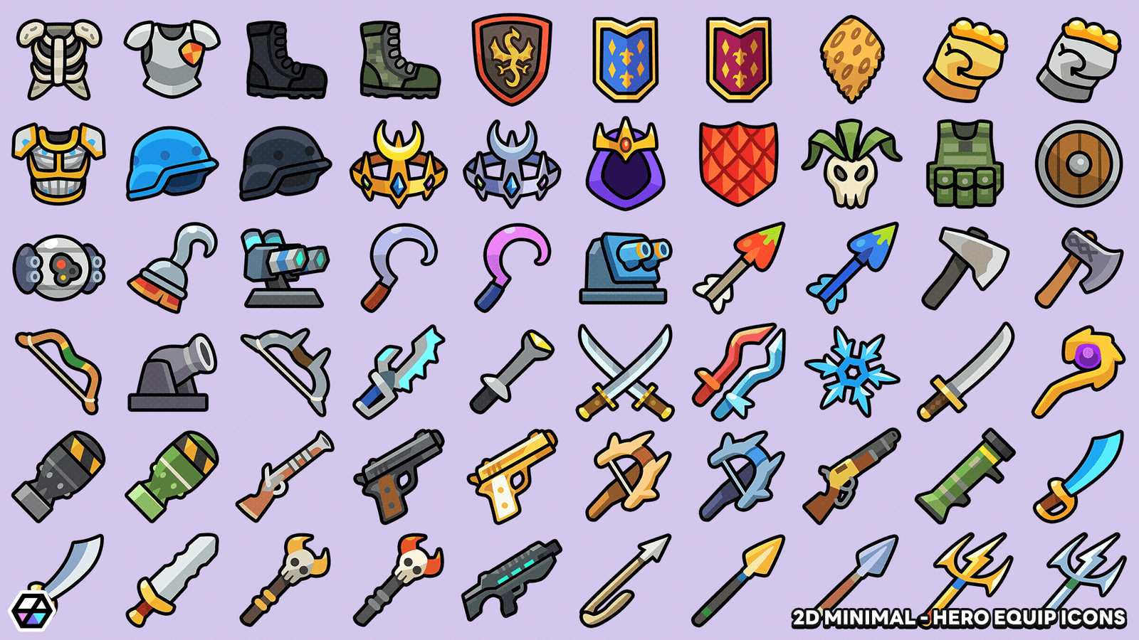 LayerLab Shop 2D Minimal Hero Equip Icons set featuring sleek, simple icons for hero equipment in a clean, modern style.
