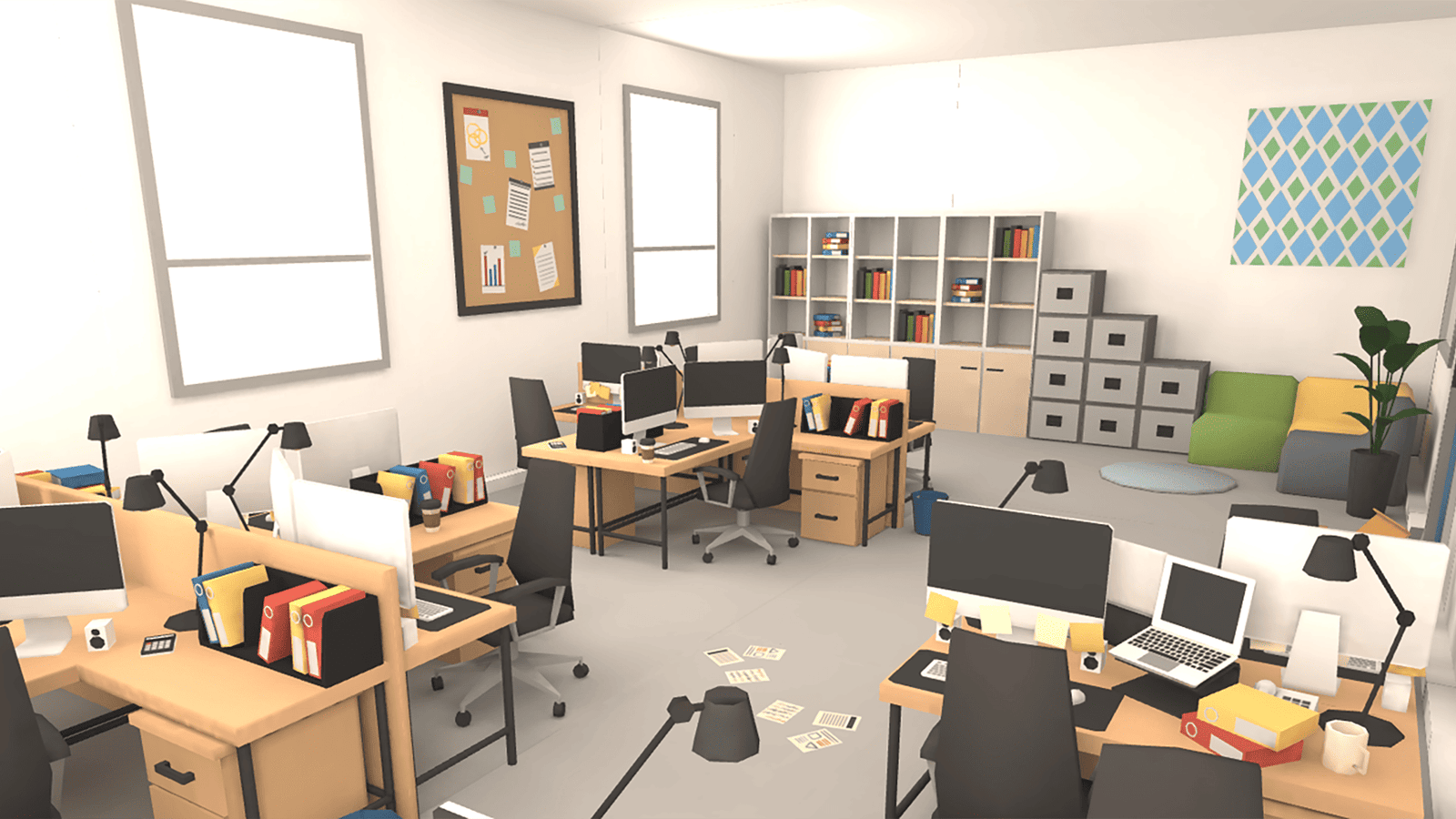3D office interior prop from LAYERLAB Shop showing modern desk, chair, and bookshelf in a professional workspace setting.