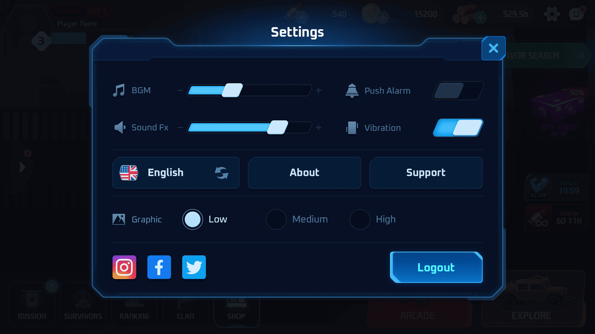 GUI Pro Survival Clean interface setting screen by LAYERLAB Shop, showing adjustment options and design elements.