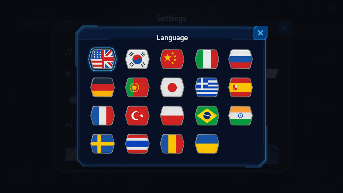 LayerLAB Shop GUI Pro Survival Clean interface displaying language selection screen with various language options and interface elements.